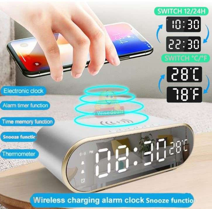 LED Digital Thermometer Alarm Clock with Fast Wireless Charger