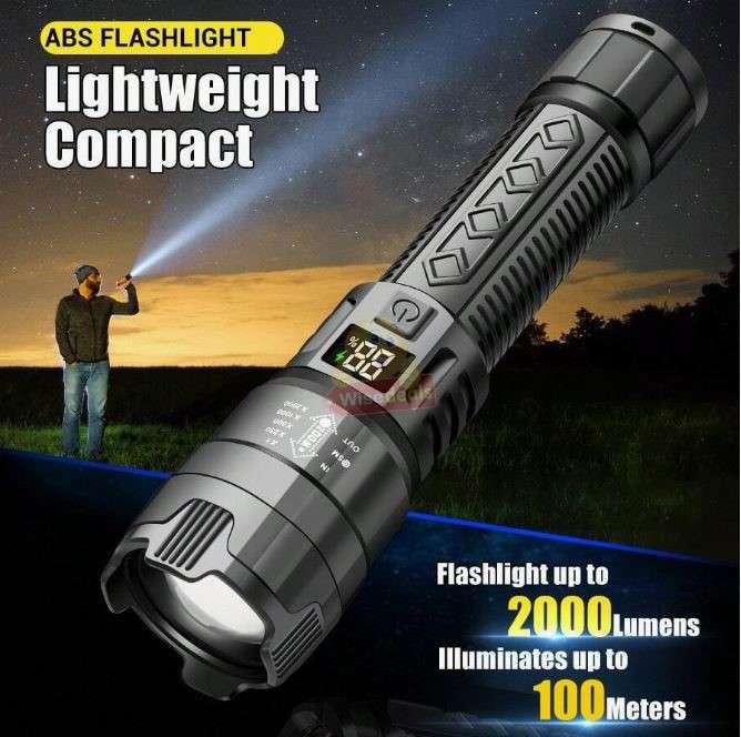 ABS Zoom Flashlight up to 2000 Lumens, Built in Lithium Battery, Digital Battery Display