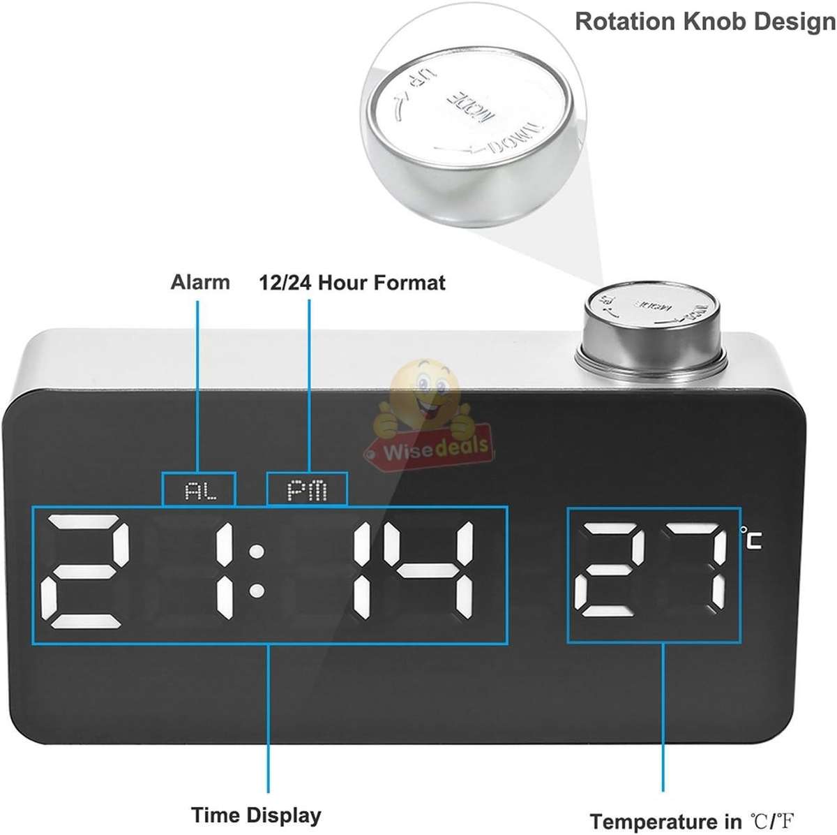 Digital Temperature Mirror Night Mode LED Alarm Clock