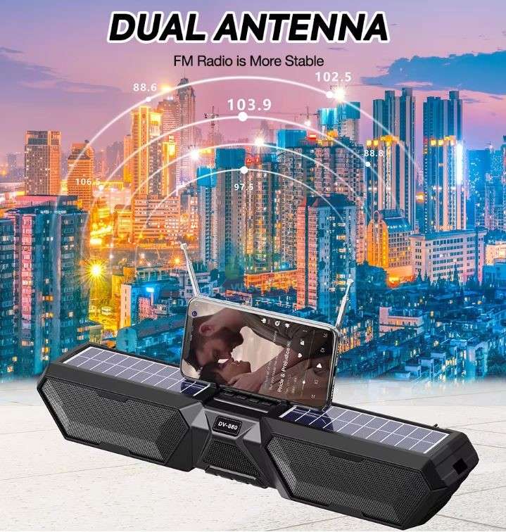 Solar Bluetooth Soundbar Wireless Stereo Dual Antenna Phone Charger TF FM USB Phone Holder