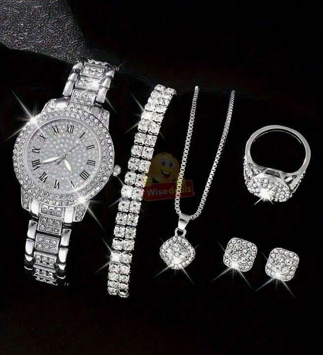 Elegant 6 Piece Watch and Jewellery Set in Rose Pedal Gift Box