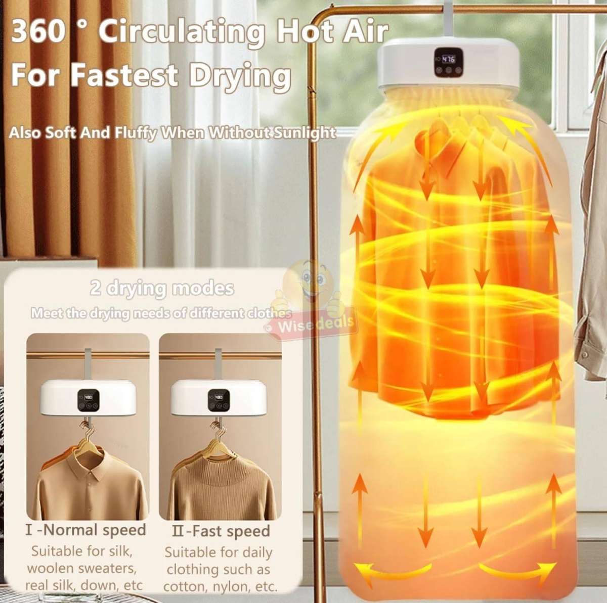 360° Hot Air Circulation Portable Clothes Dryer with Intelligent Timer