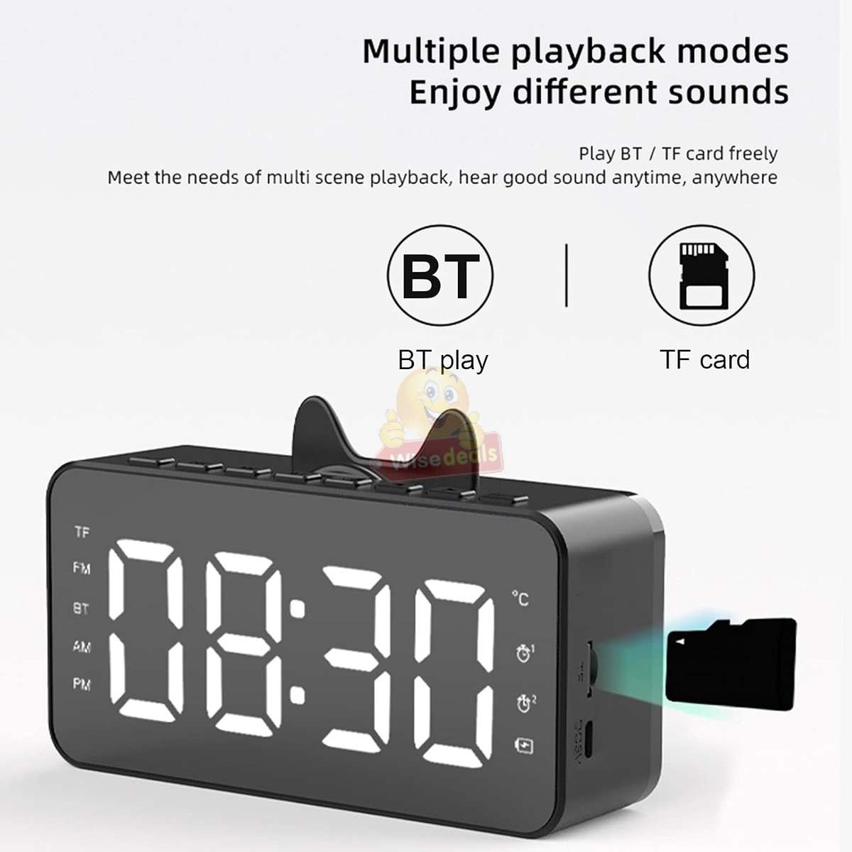 LCD Mirror Alarm Clock with TF Bluetooth Speaker FM Radio Thermometer Black