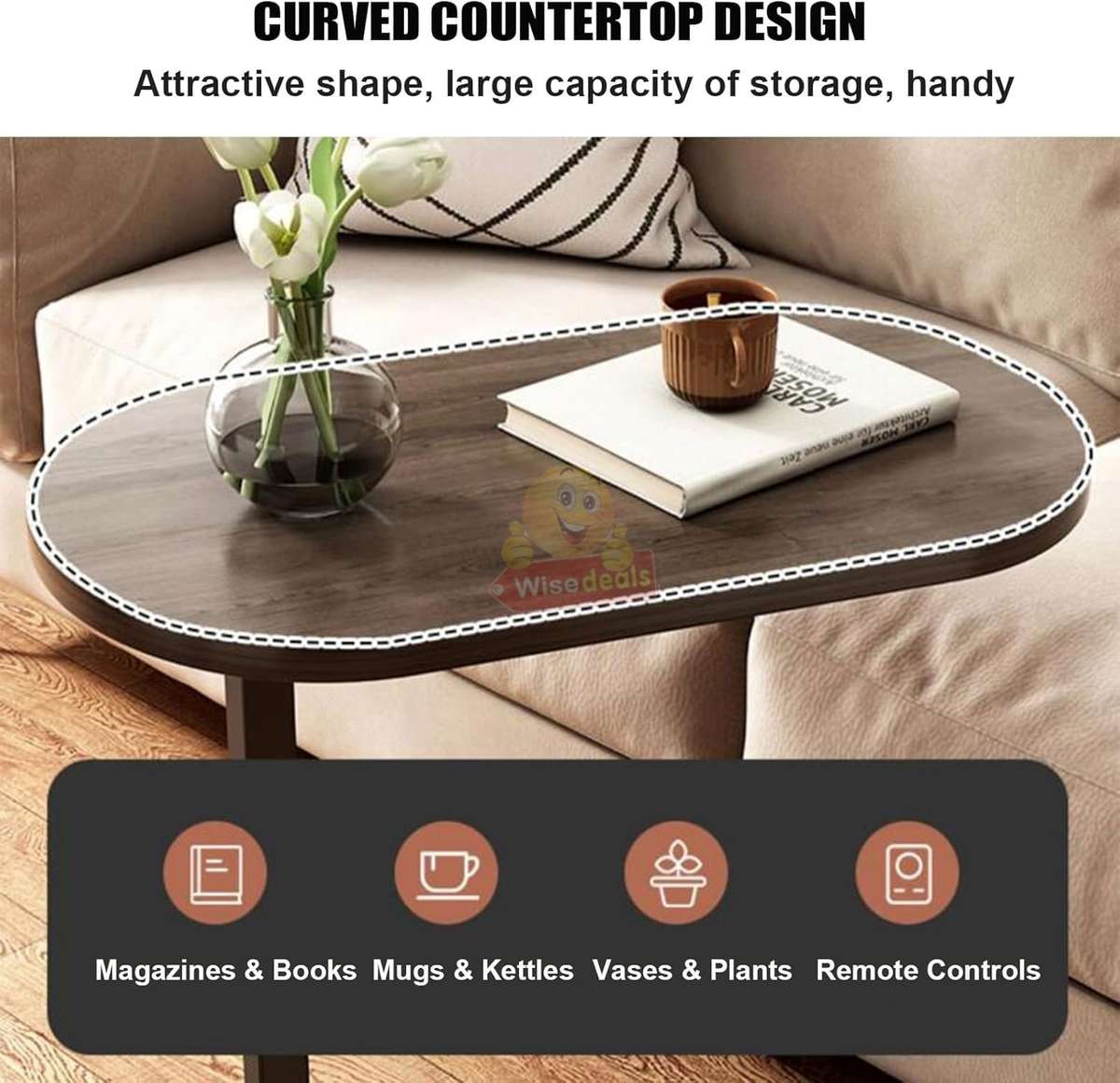 Wooden oval coffee table with a sleek C-shape metal frame