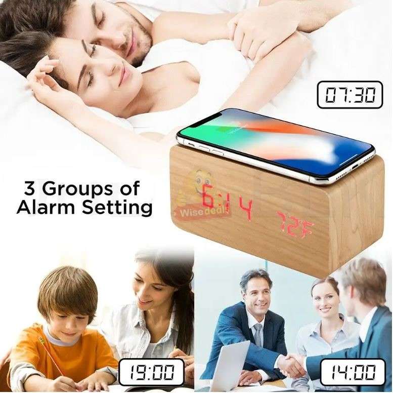 Multi-Function Wooden FM Alarm Clock with Wireless Charger