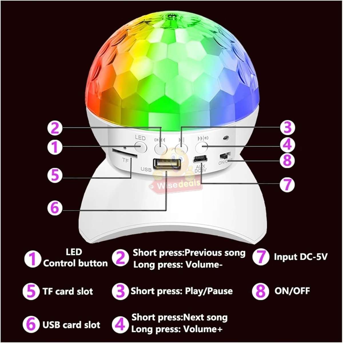 LED Crystal Magic Ball Rotating Stage Light with Bluetooth Speaker in White