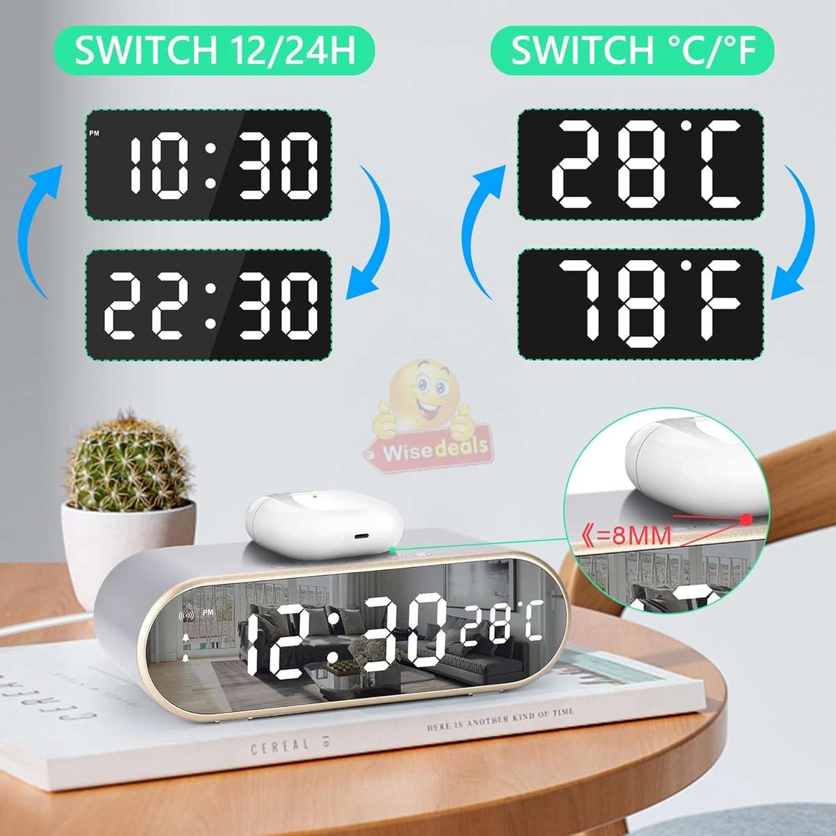 LED Digital Thermometer Alarm Clock with Fast Wireless Charger
