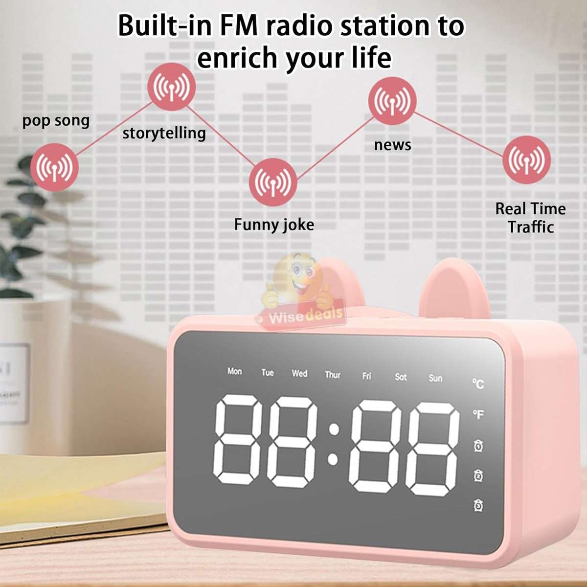LCD Mirror Alarm clock with TF BLUETOOTH speaker, FM radio, and thermometer in PINK ONLY