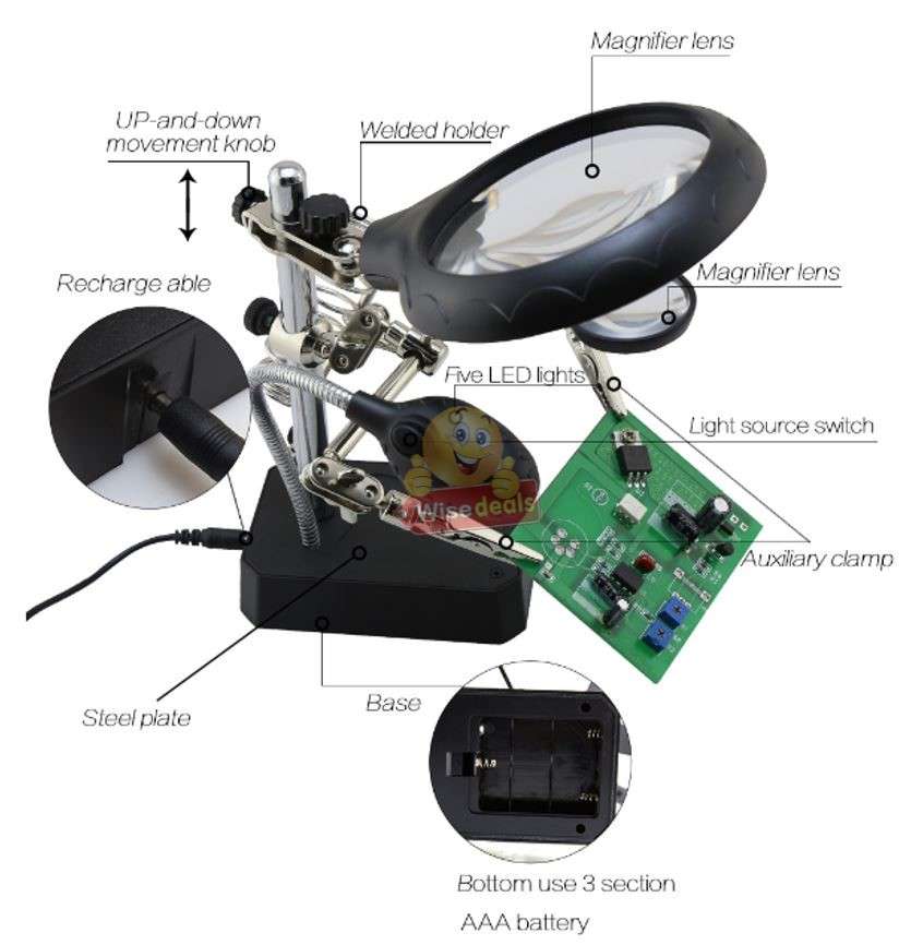 5 LED Auxiliary Clip Magnifier Soldering Stand with AC/DC Interchangeable