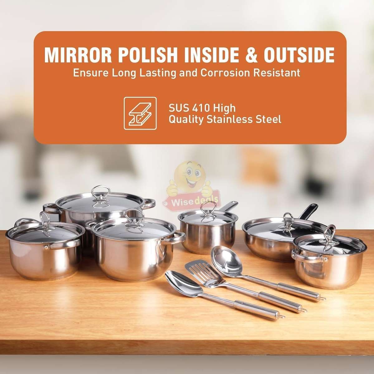 15 Piece Stainless Steel Mirror Polished Cookware set