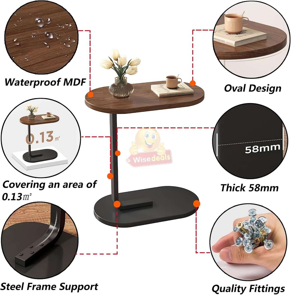 Wooden oval coffee table with a sleek C-shape metal frame