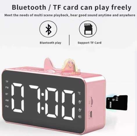 LCD Mirror Alarm clock with TF BLUETOOTH speaker, FM radio, and thermometer in PINK ONLY