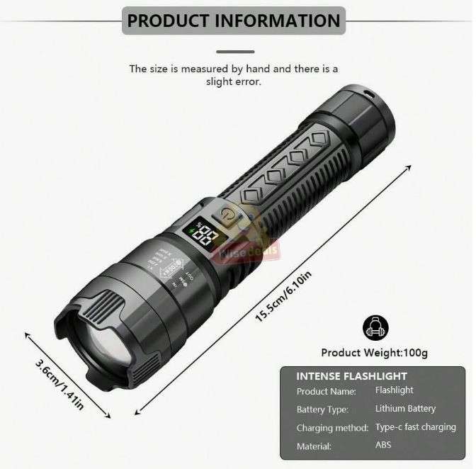 ABS Zoom Flashlight up to 2000 Lumens, Built in Lithium Battery, Digital Battery Display