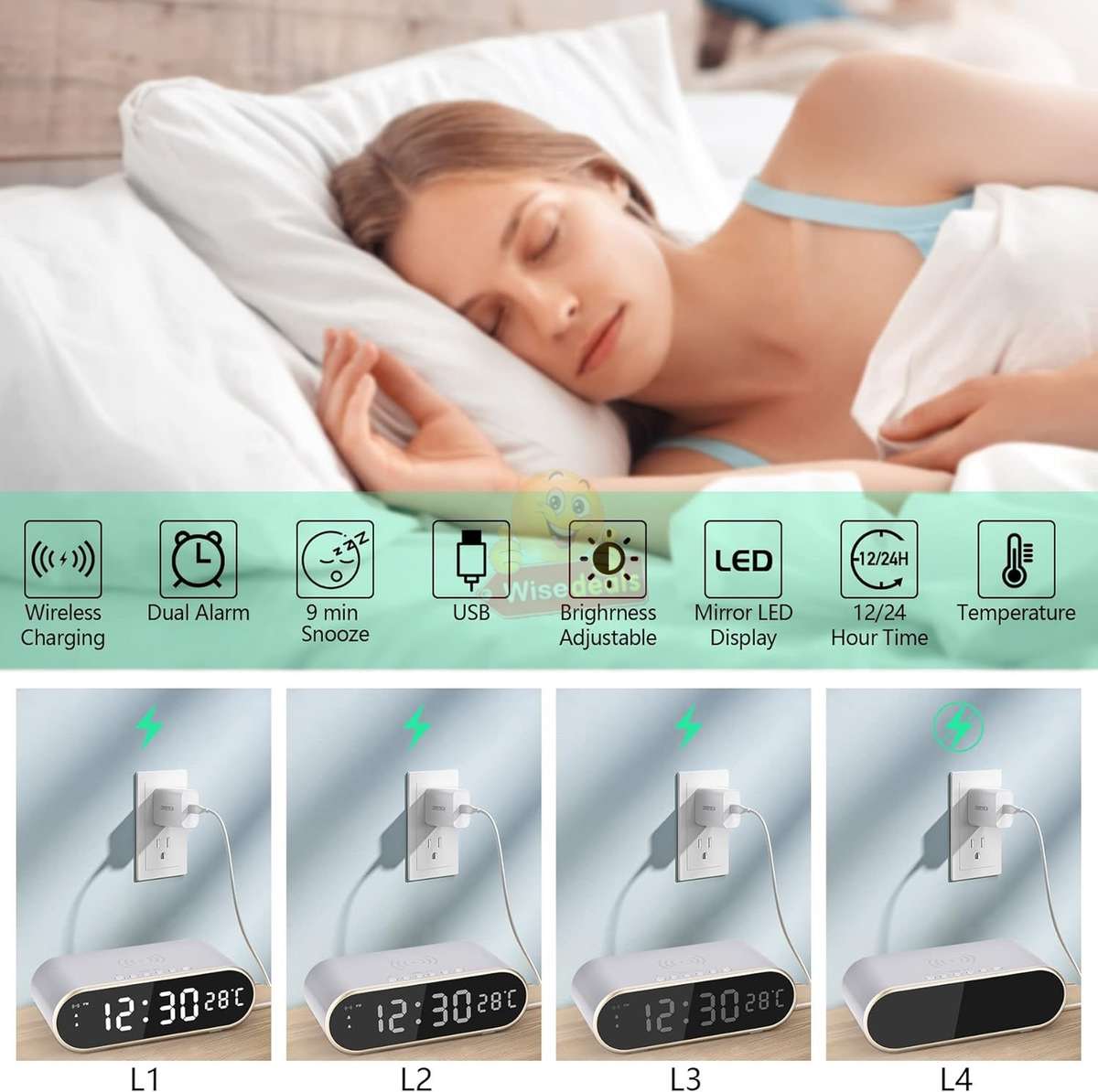 LED Digital Thermometer Alarm Clock with Fast Wireless Charger