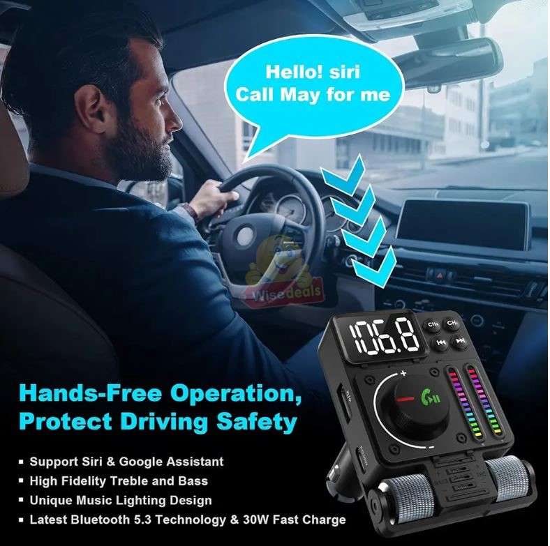 Bluetooth Car 5.3 FM Transmitter, PD 30W Type C Fast Charge & USB Port HiFi