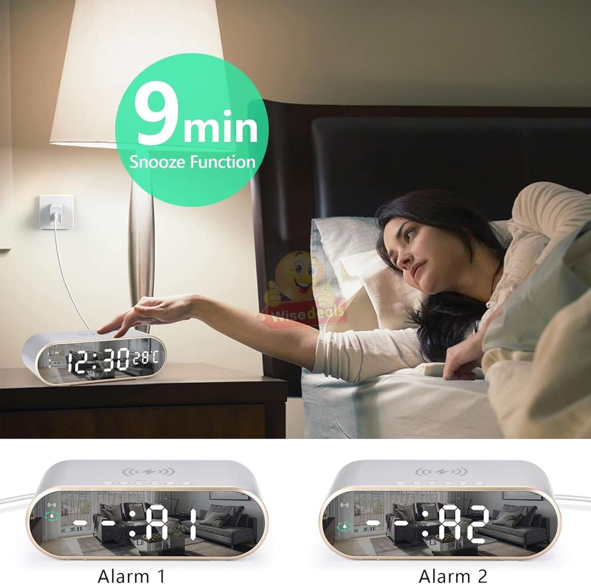 LED Digital Thermometer Alarm Clock with Fast Wireless Charger