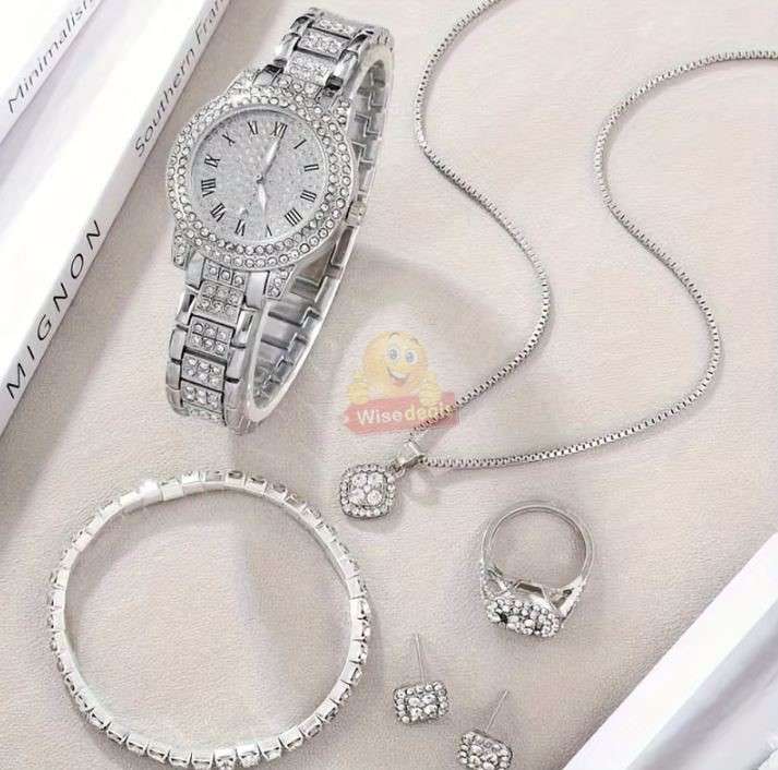 Elegant 6 Piece Watch and Jewellery Set in Rose Pedal Gift Box