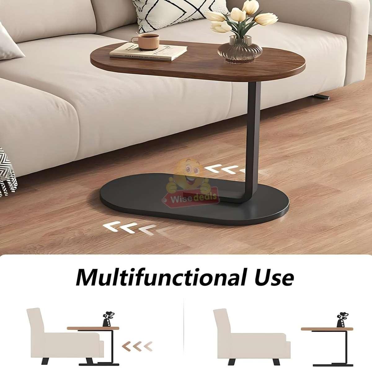 Wooden oval coffee table with a sleek C-shape metal frame