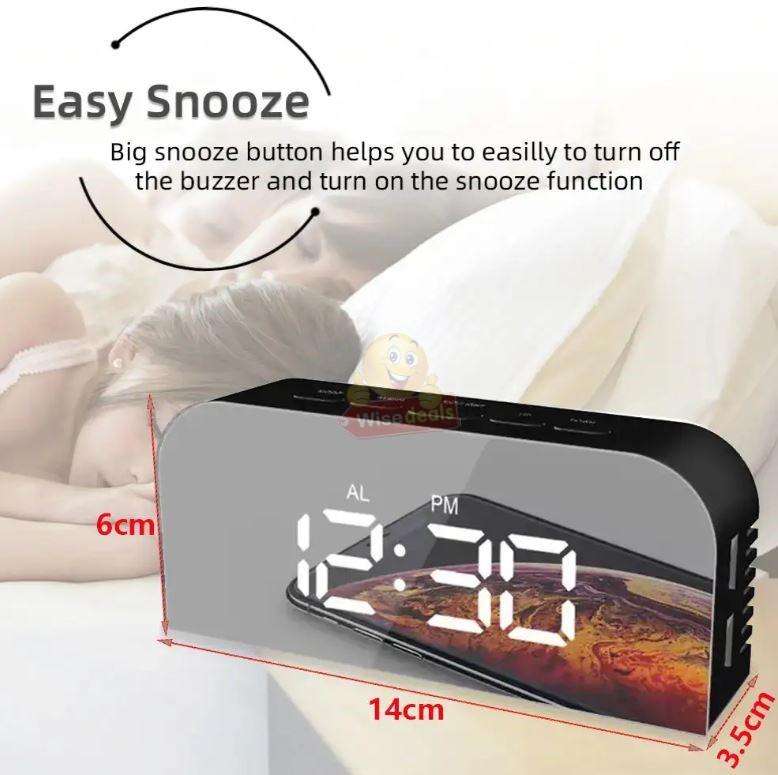 LED Temperature Alarm Snooze Smart Mirror Clock Phone Charger Dual USB