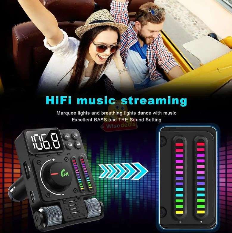 Bluetooth Car 5.3 FM Transmitter, PD 30W Type C Fast Charge & USB Port HiFi