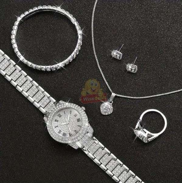 Elegant 6 Piece Watch and Jewellery Set in Rose Pedal Gift Box