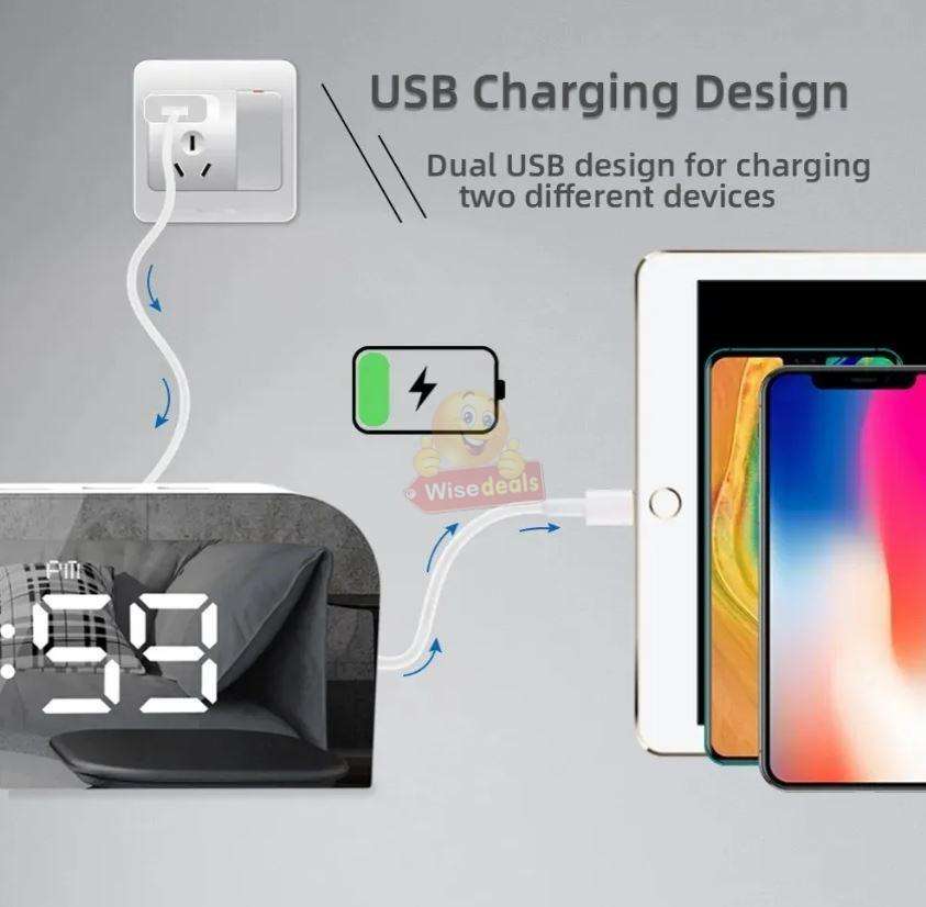 LED Temperature Alarm Snooze Smart Mirror Clock Phone Charger Dual USB