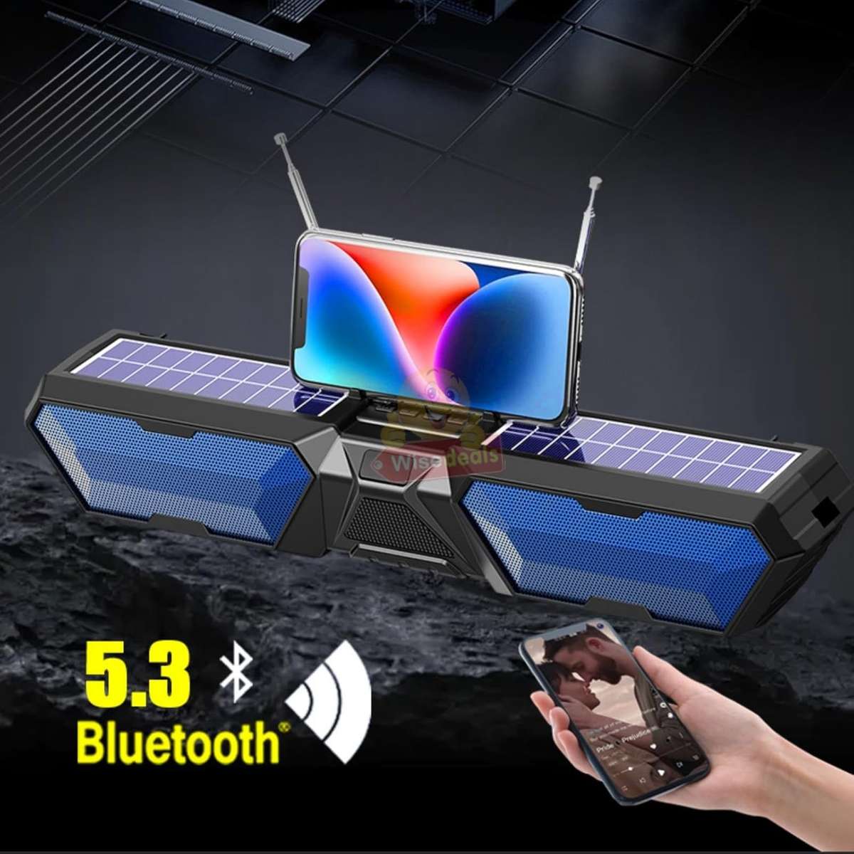 Solar Bluetooth Soundbar Wireless Stereo Dual Antenna Phone Charger TF FM USB Phone Holder