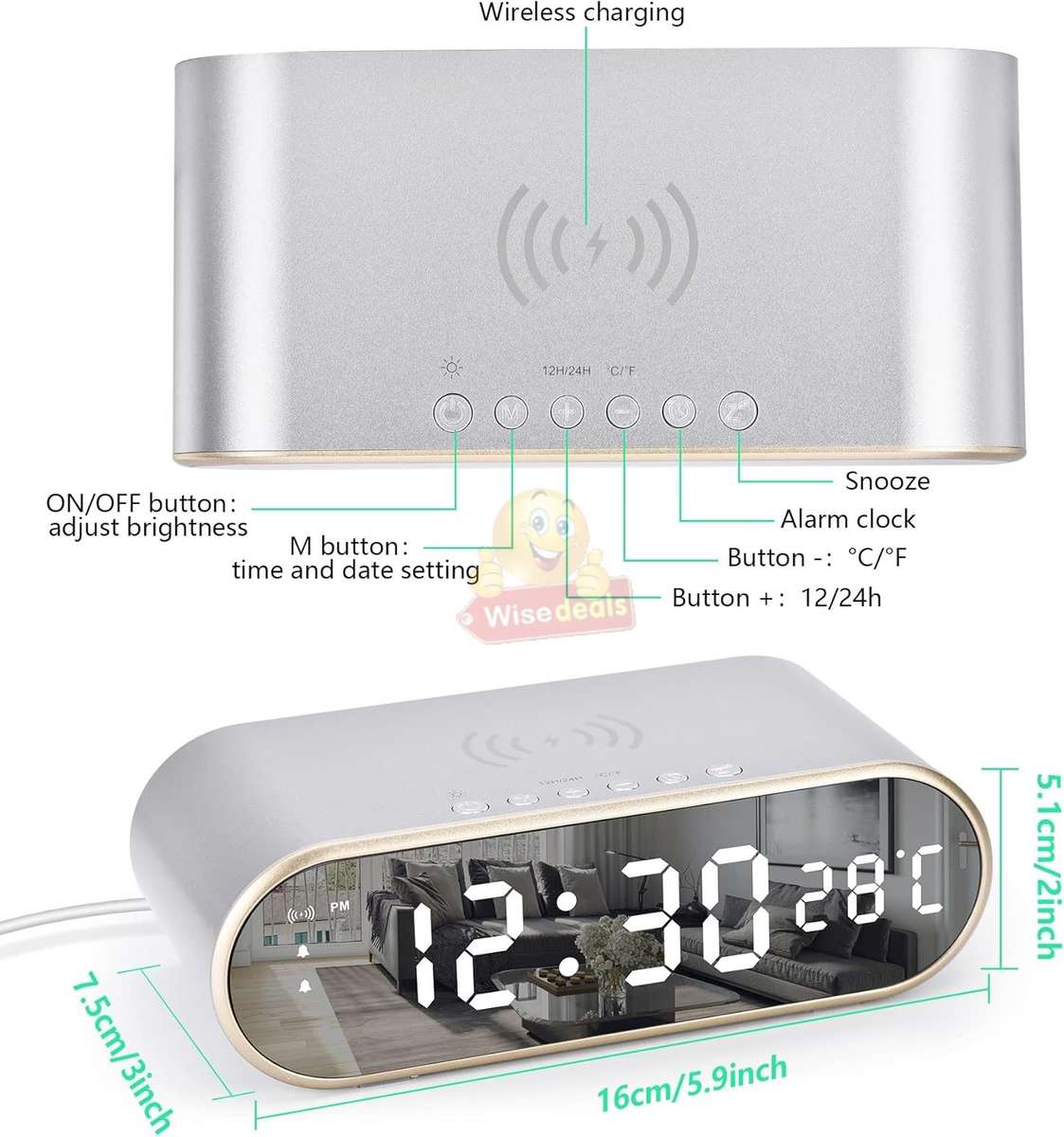 LED Digital Thermometer Alarm Clock with Fast Wireless Charger