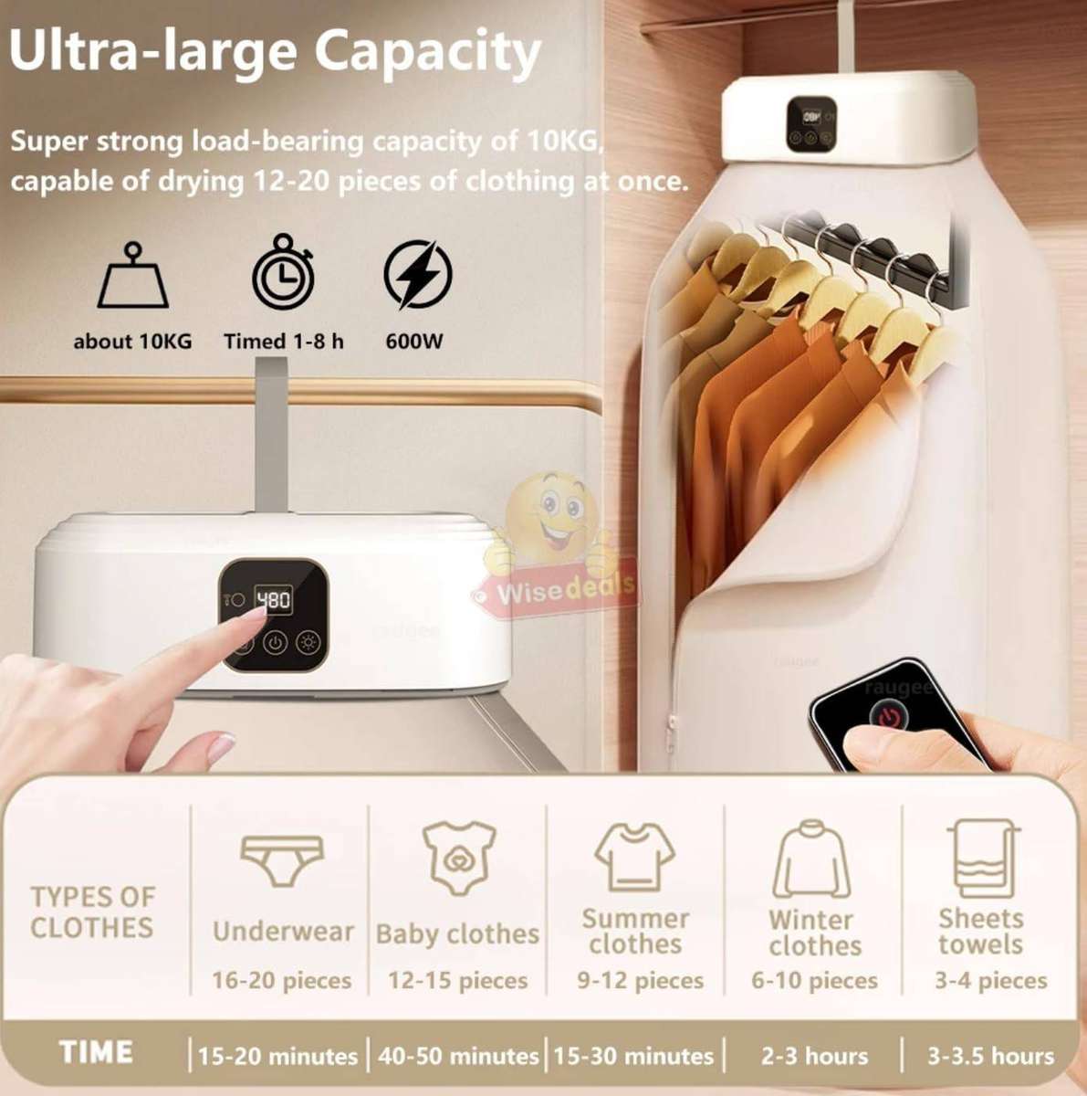 360° Hot Air Circulation Portable Clothes Dryer with Intelligent Timer