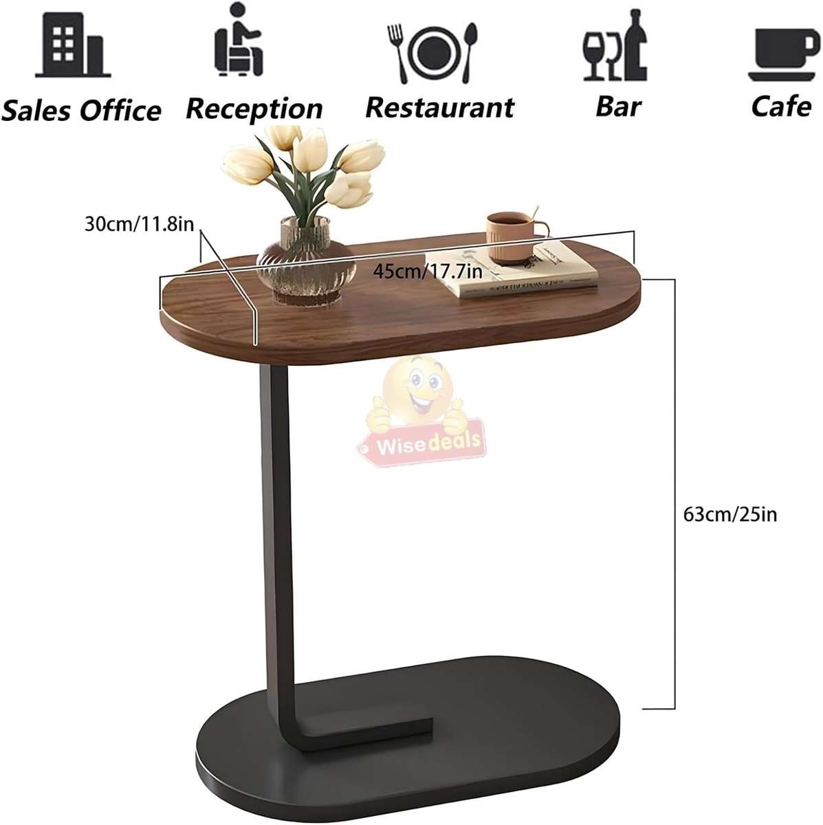 Wooden oval coffee table with a sleek C-shape metal frame