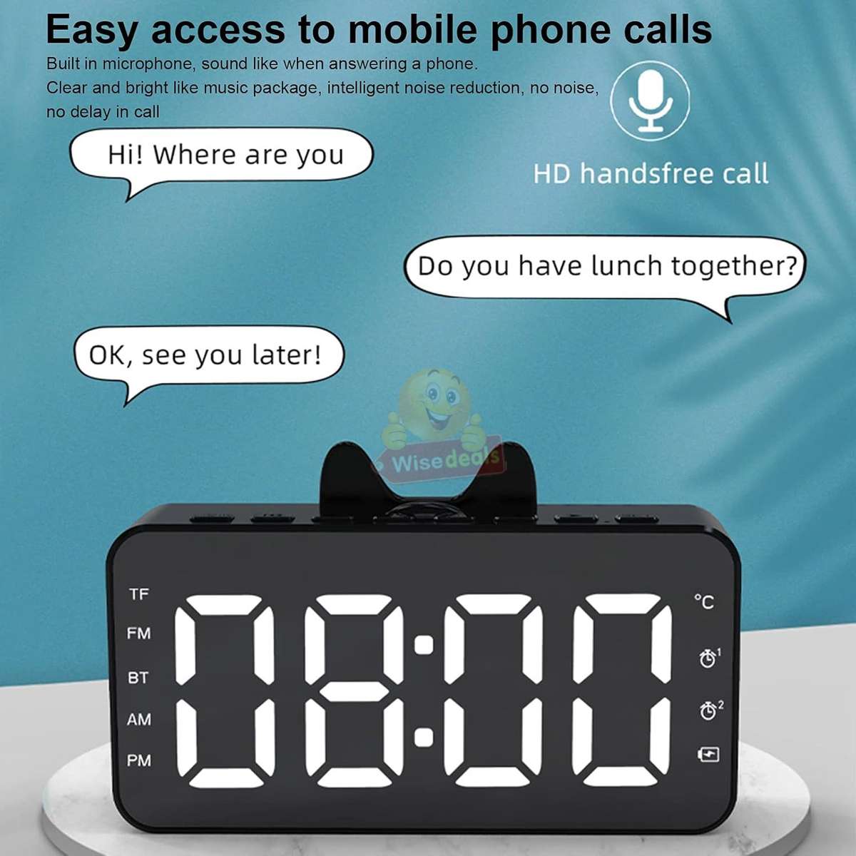 LCD Mirror Alarm Clock with TF Bluetooth Speaker FM Radio Thermometer Black