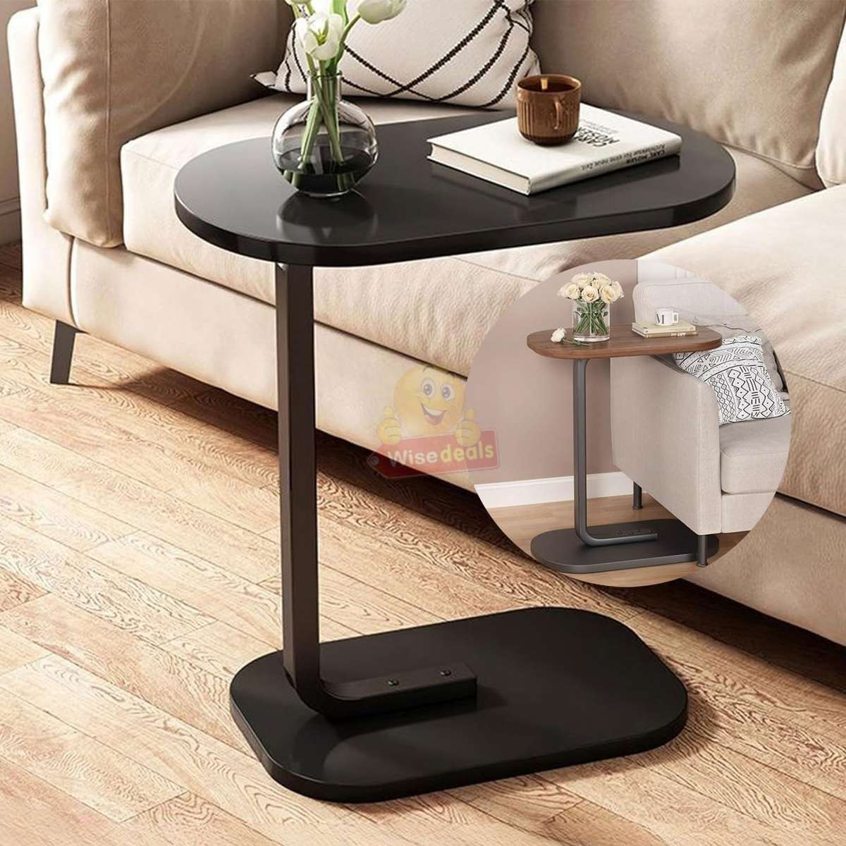 Wooden oval coffee table with a sleek C-shape metal frame