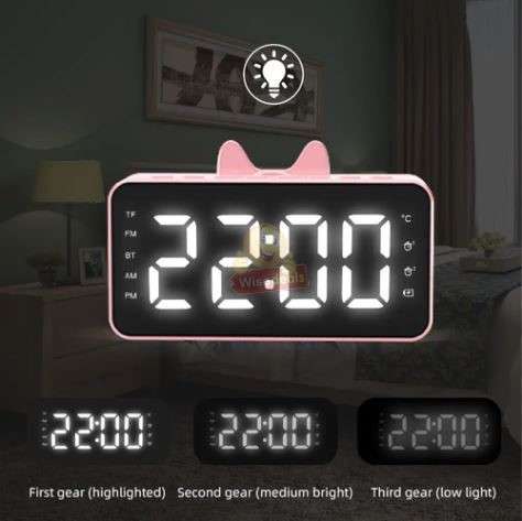 LCD Mirror Alarm clock with TF BLUETOOTH speaker, FM radio, and thermometer in PINK ONLY