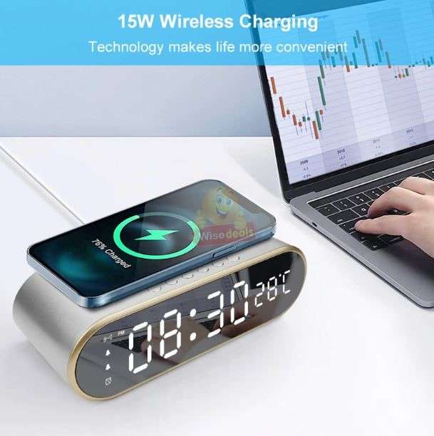 LED Digital Thermometer Alarm Clock with Fast Wireless Charger