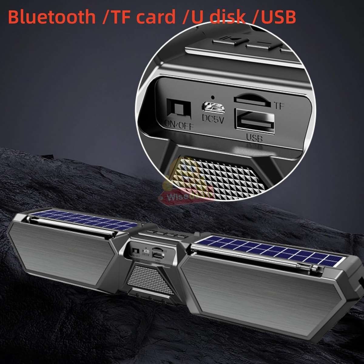 Solar Bluetooth Soundbar Wireless Stereo Dual Antenna Phone Charger TF FM USB Phone Holder