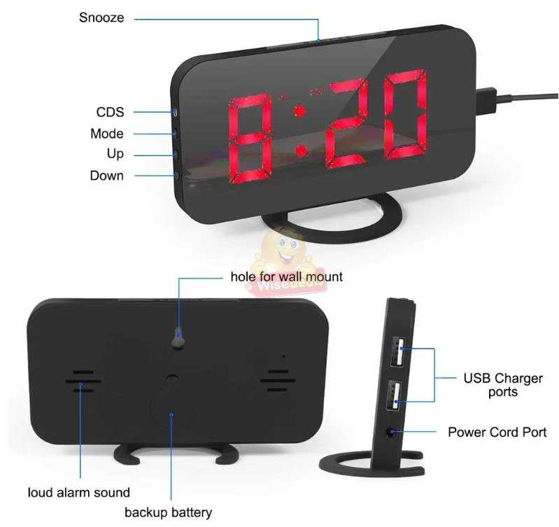 Large LED Display Digital Alarm Clock with Dual USB and AUX -Black & Red