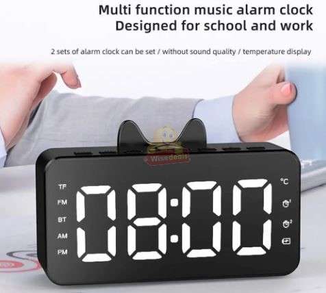 LCD Mirror Alarm Clock with TF Bluetooth Speaker FM Radio Thermometer Black