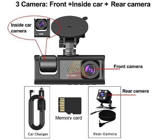 3 Channel DVR Dashcam with Front interior and rear cameras