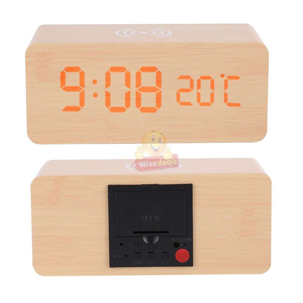 Multi-Function Wooden FM Alarm Clock with Wireless Charger