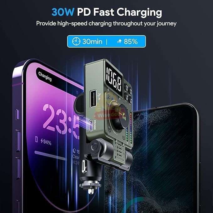 Bluetooth Car 5.3 FM Transmitter, PD 30W Type C Fast Charge & USB Port HiFi