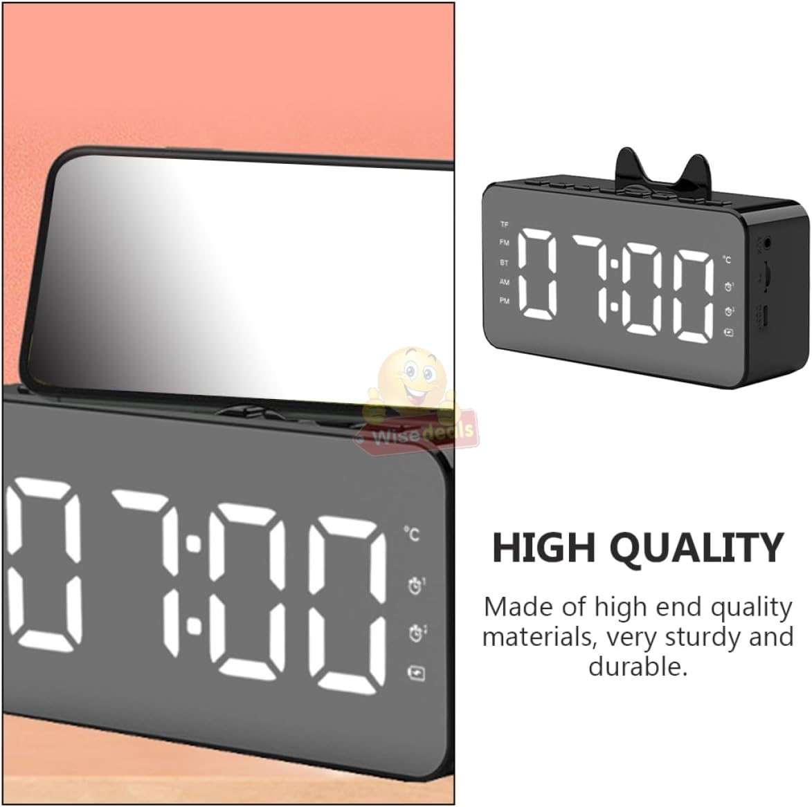 LCD Mirror Alarm Clock with TF Bluetooth Speaker FM Radio Thermometer Black