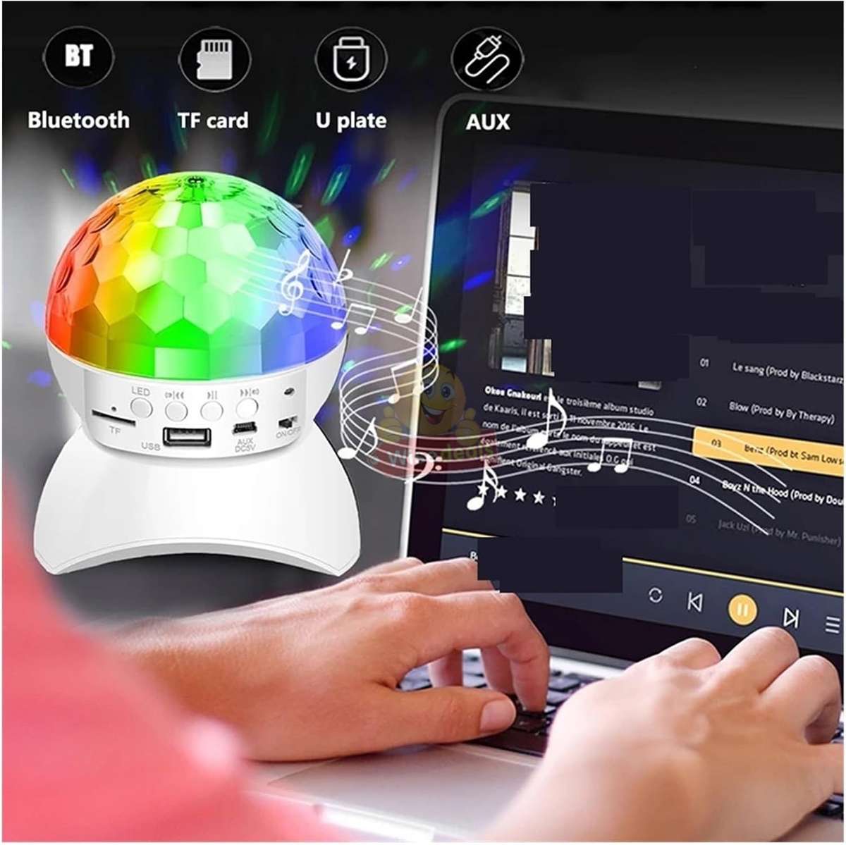 LED Crystal Magic Ball Rotating Stage Light with Bluetooth Speaker in White