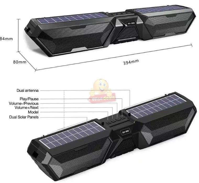 Solar Bluetooth Soundbar Wireless Stereo Dual Antenna Phone Charger TF FM USB Phone Holder