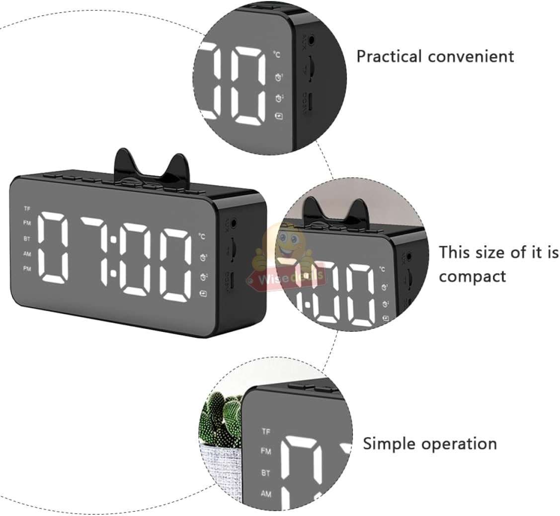 LCD Mirror Alarm Clock with TF Bluetooth Speaker FM Radio Thermometer Black