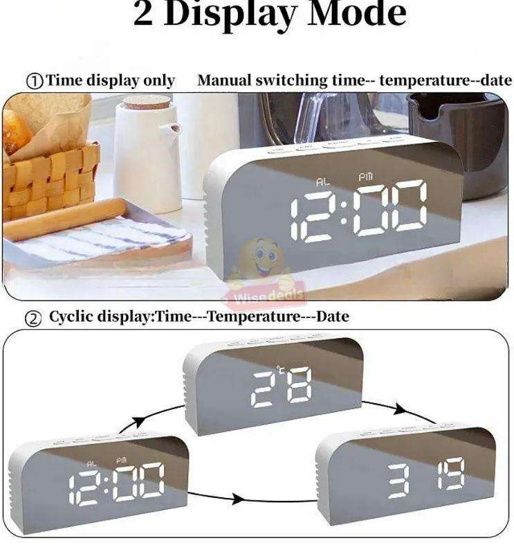 LED Temperature Alarm Snooze Smart Mirror Clock Phone Charger Dual USB