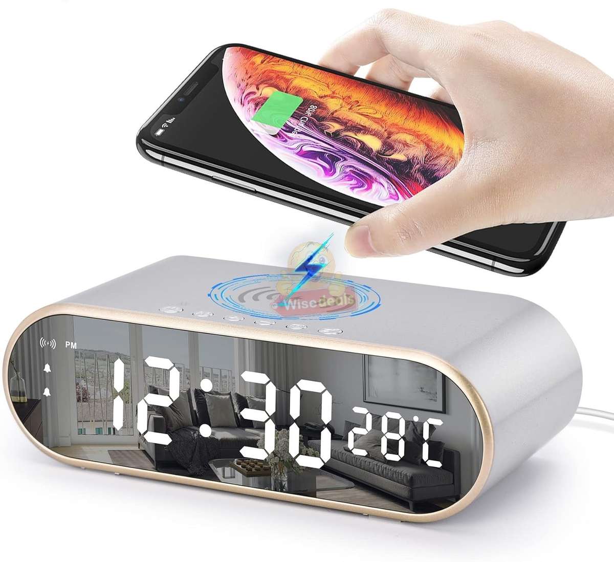 LED Digital Thermometer Alarm Clock with Fast Wireless Charger