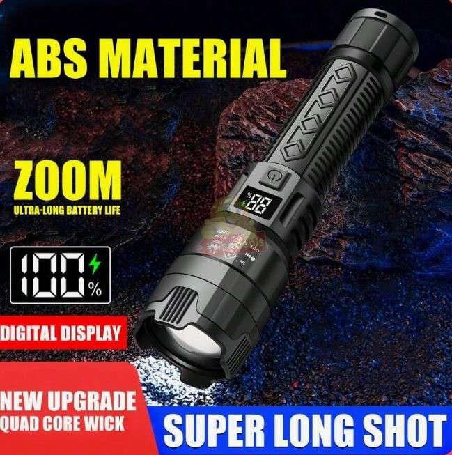 ABS Zoom Flashlight up to 2000 Lumens, Built in Lithium Battery, Digital Battery Display