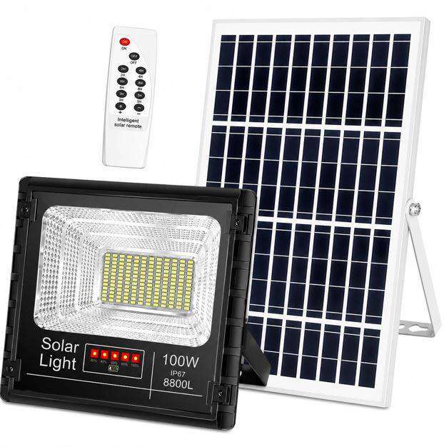 100W Battery Sensor Solar Flood Light with Panel and Remote