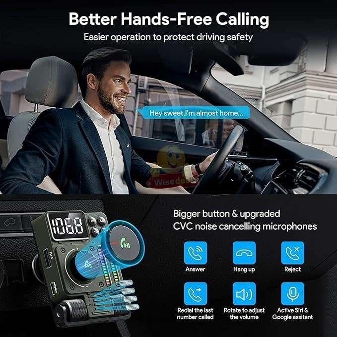 Bluetooth Car 5.3 FM Transmitter, PD 30W Type C Fast Charge & USB Port HiFi
