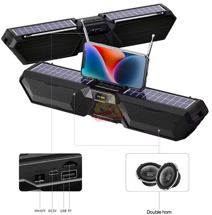 Solar Bluetooth Soundbar Wireless Stereo Dual Antenna Phone Charger TF FM USB Phone Holder